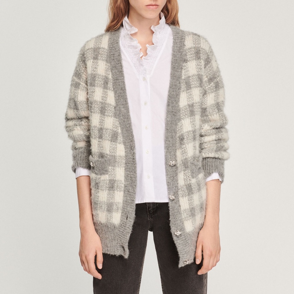Sandro Checked Gray and White Plaid Cardigan